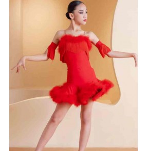 Girls kids red feather fringe competition latin dance dresses salsa rumba chacha party stage performance costumes for children